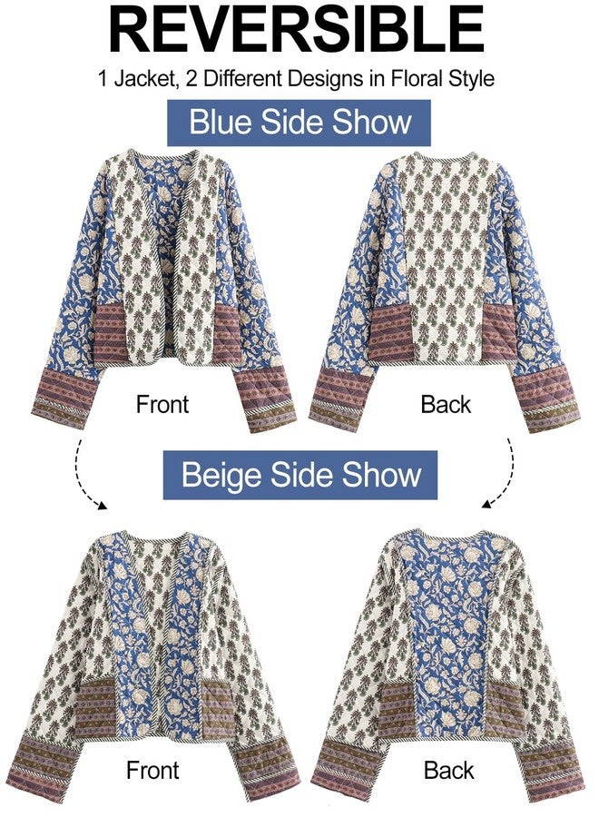 flygo جاكيت نسائي قصير منفوخ من فلايغو، كارديجان مطبوع عليه زهور، معاطف مبطنة، خفيف الوزن، مفتوح من الأمام، قصير، مبطن بالريش (01أزرق-صغير) - Image 4